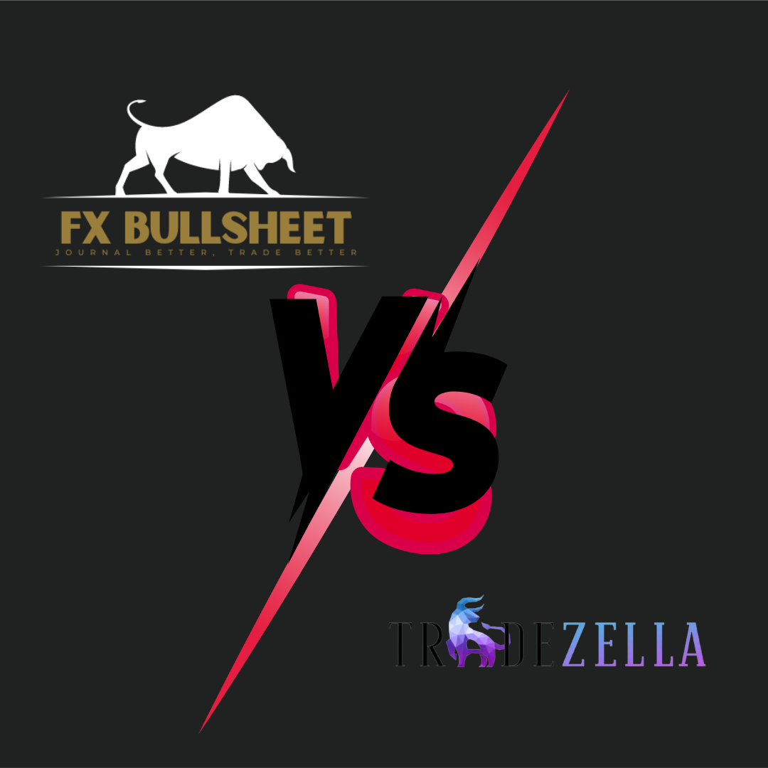 Comparison between FXBullsheet and TradeZella trading platforms with FXBullsheet logo on the left, 'VS' in the center, and TradeZella logo on the right.